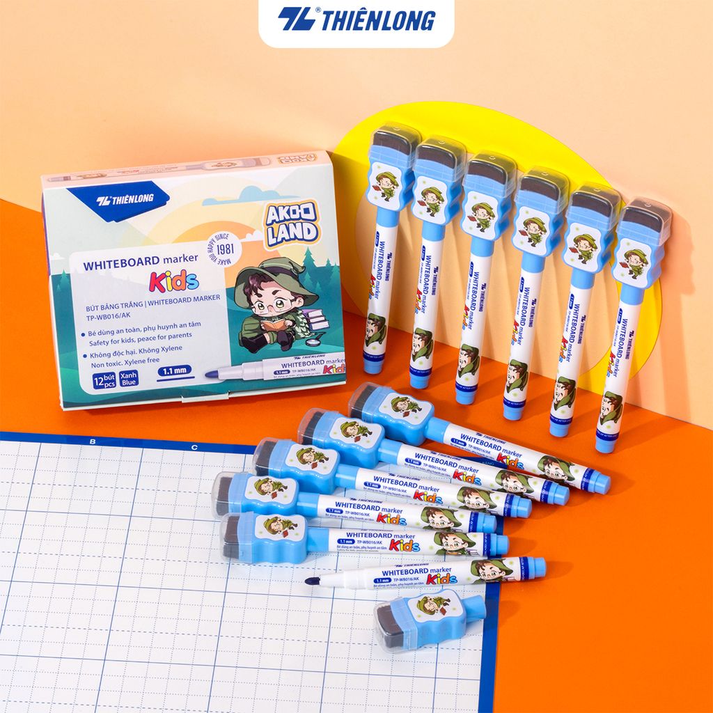 Bút lông bảng - Whiteboard Marker for Kids Thiên Long TP-WB016/AK - Nét viết 1.1mm Không Xylene Không độc hại - Nhân vật Akooland thế giới học cụ thần kỳ