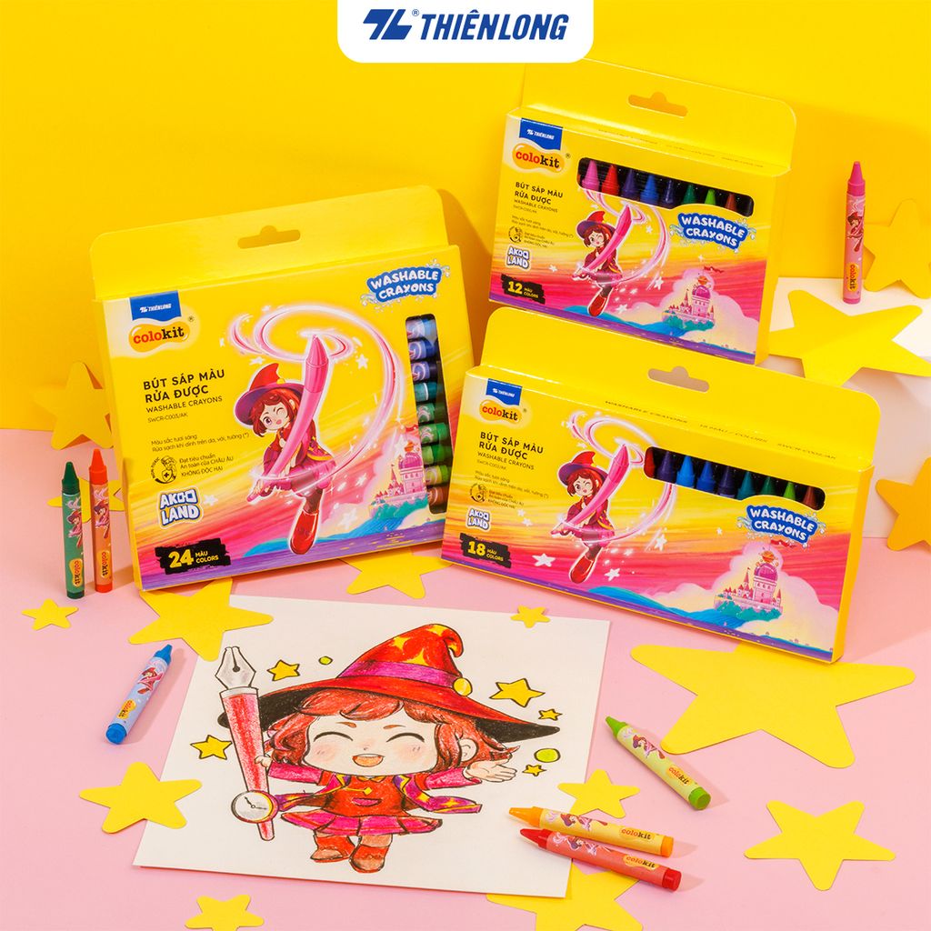 Sáp 12/18/24 màu rửa được - Washable Crayons Thiên Long Colokit - Nhân vật Futy Akooland thế giới học cụ thần kỳ