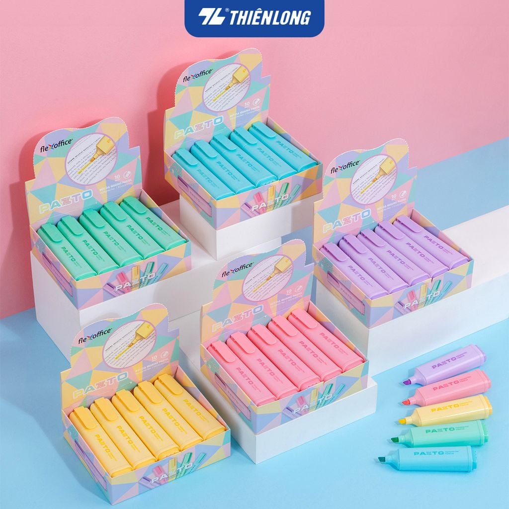 Combo 10 Bút dạ quang màu Pastel Thiên Long Flexoffice Pazto FO-HL009/VN - Bút dạ quang rửa được - Photocopy không làm mất nét chữ bên dưới