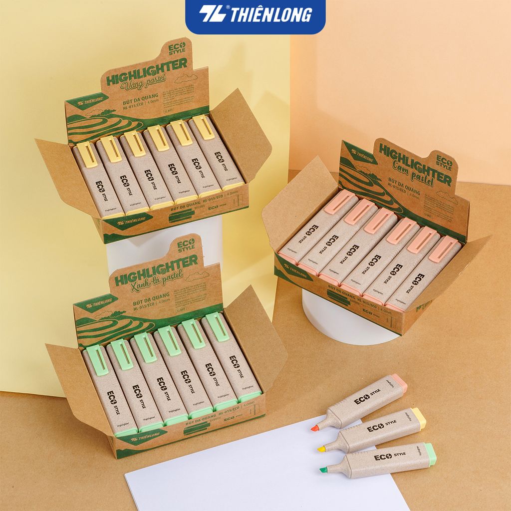Combo 12 bút dạ quang màu pastel - Eco Style Highlighter Thiên Long HL-015/ECO - Photocopy không làm mất nét chữ bên dưới