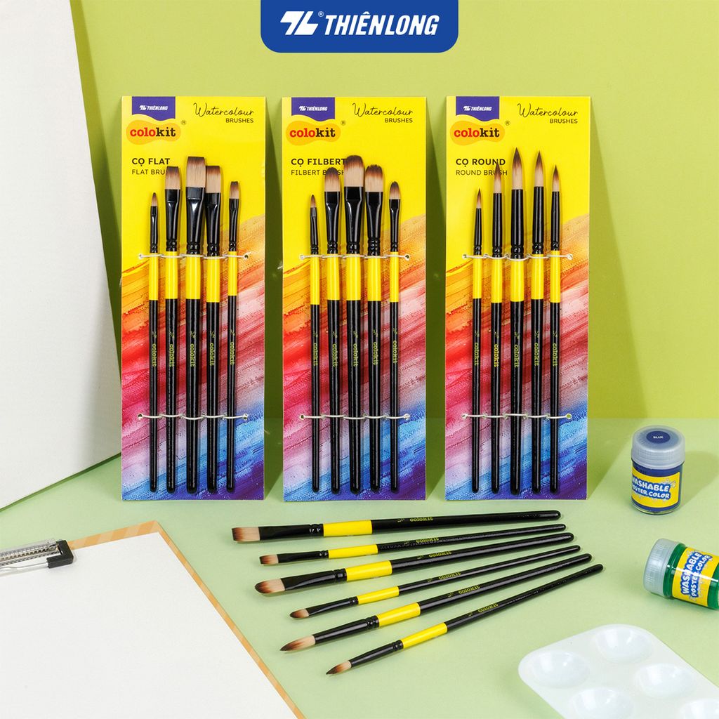 Bộ 5 Cọ vẽ màu nước đầu Round/ Flat/ Filbert Thiên Long Colokit