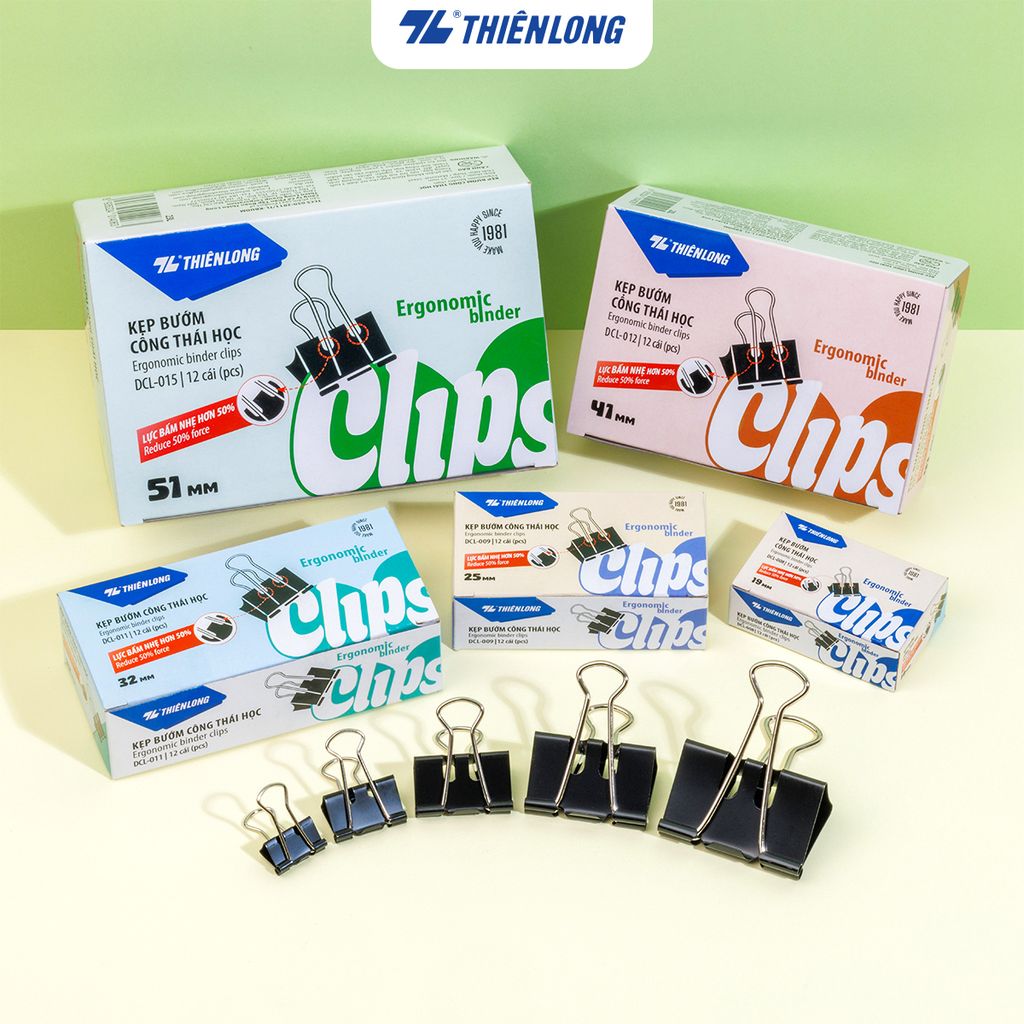 Hộp 12 kẹp bướm công thái học Thiên Long - Ergonomic Binder Clips - Lực bấm nhẹ hơn - Nhiều kích thước lựa chọn
