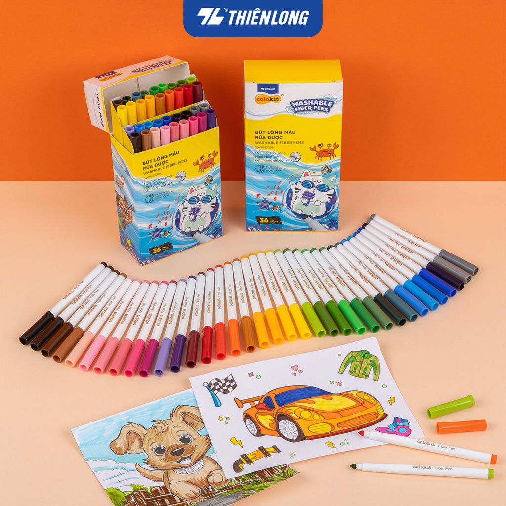 Hộp Bút Lông 36 Màu Fiber Pen Washable - Nét Mảnh Nét To - Colokit SWM-C006