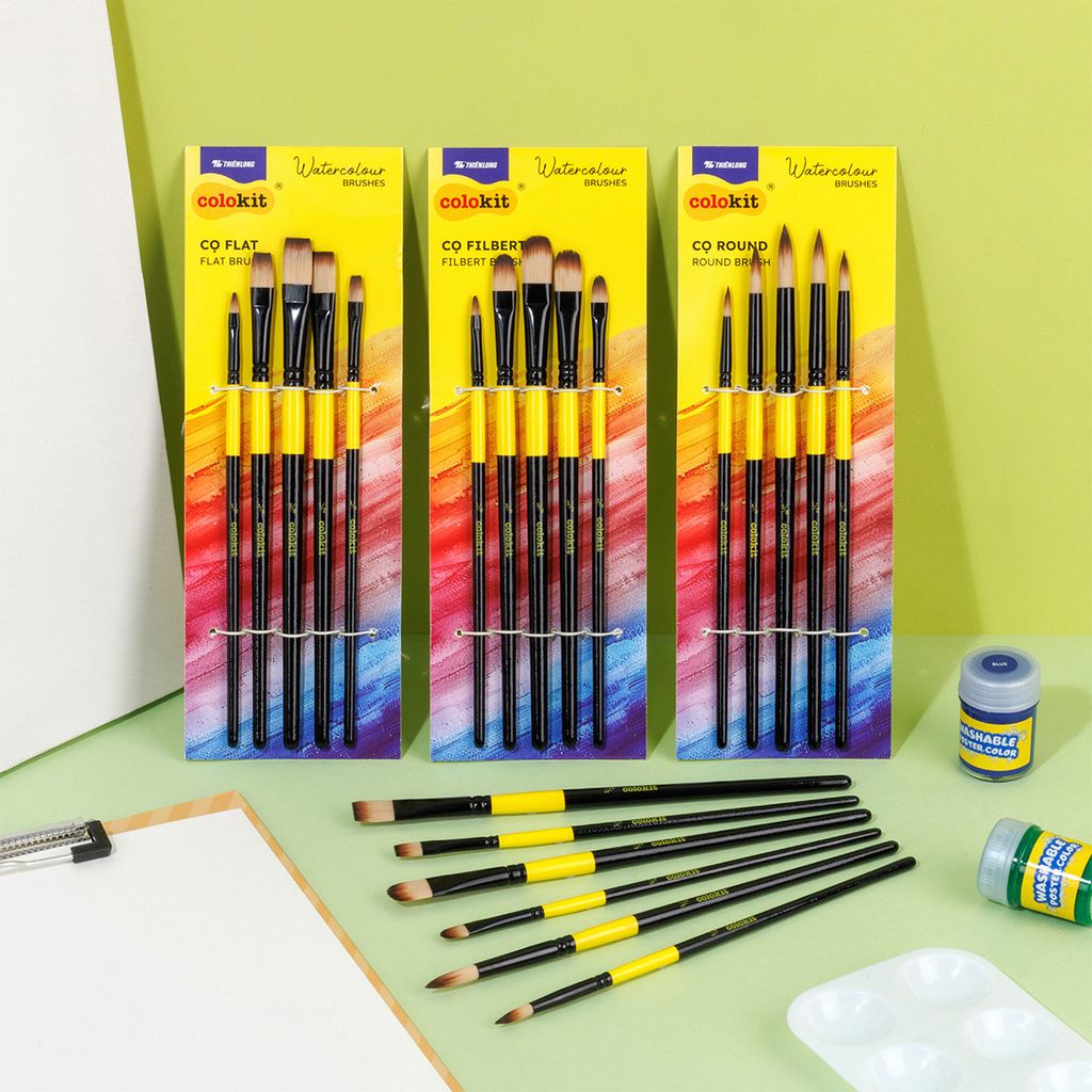 Bộ 5 Cọ vẽ màu nước đầu Round/ Flat/ Filbert Thiên Long Colokit