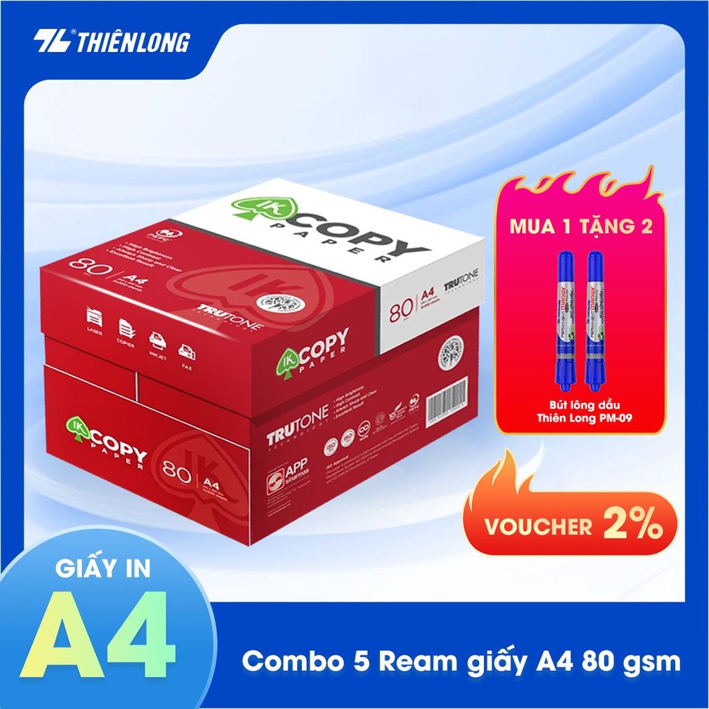 Combo 5 Ream giấy A4 80 gsm IK Copy (500 tờ) - Hàng nhập khẩu Indonesia