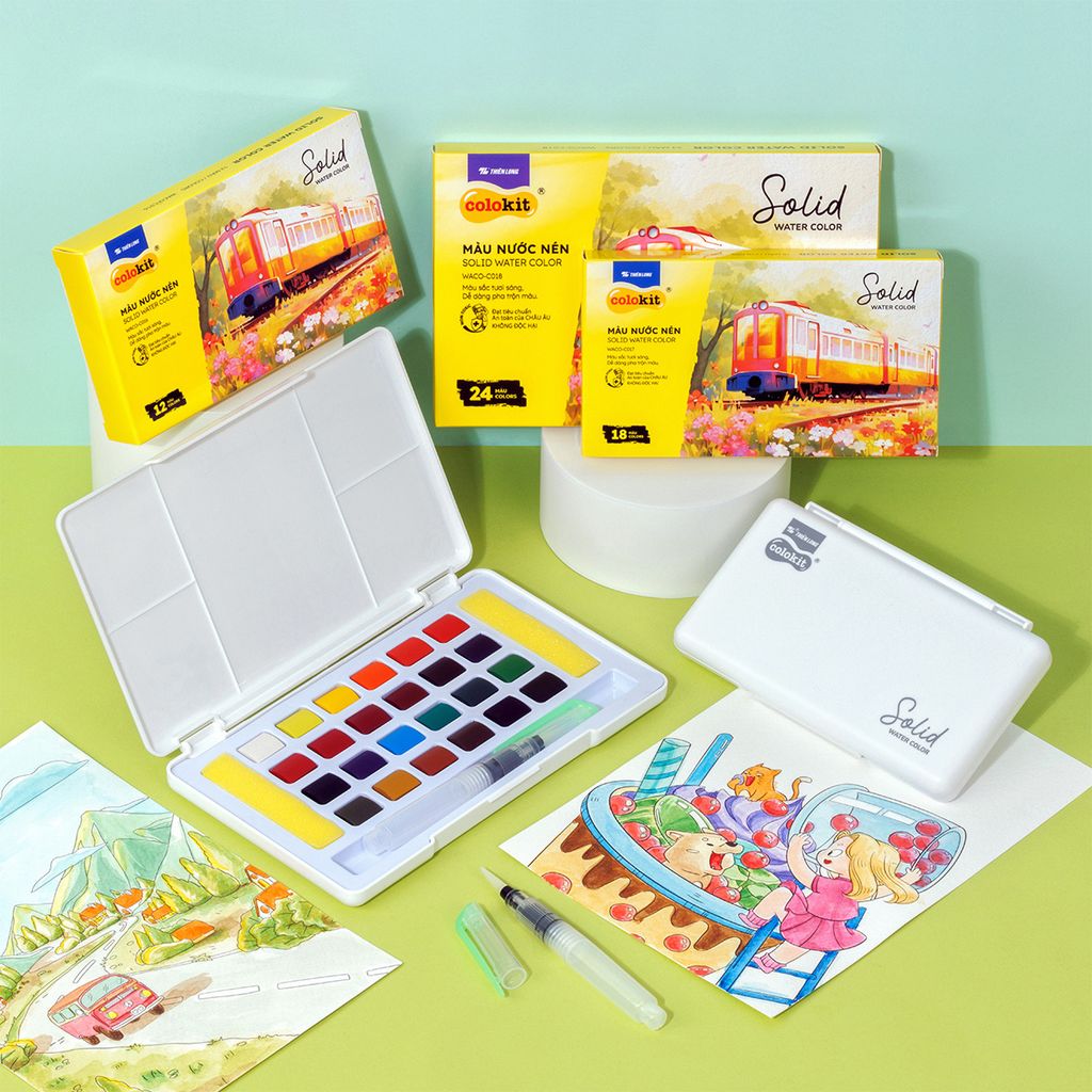 Màu nước nén 12/18/24 màu - Solid Water Color Thiên Long Colokit - Đạt tiêu chuẩn châu Âu