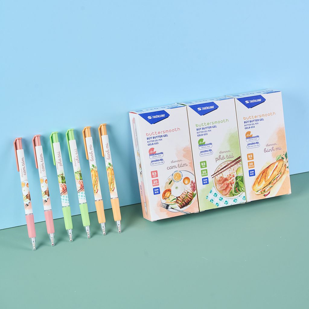 Combo 20 Bút gel B - Buttersmooth Gel Thiên Long GELB-033 - Premium Tip viết êm, trơn - Mực Xanh - Phiên bản Cơm tấm, Bánh mì, Phở tái