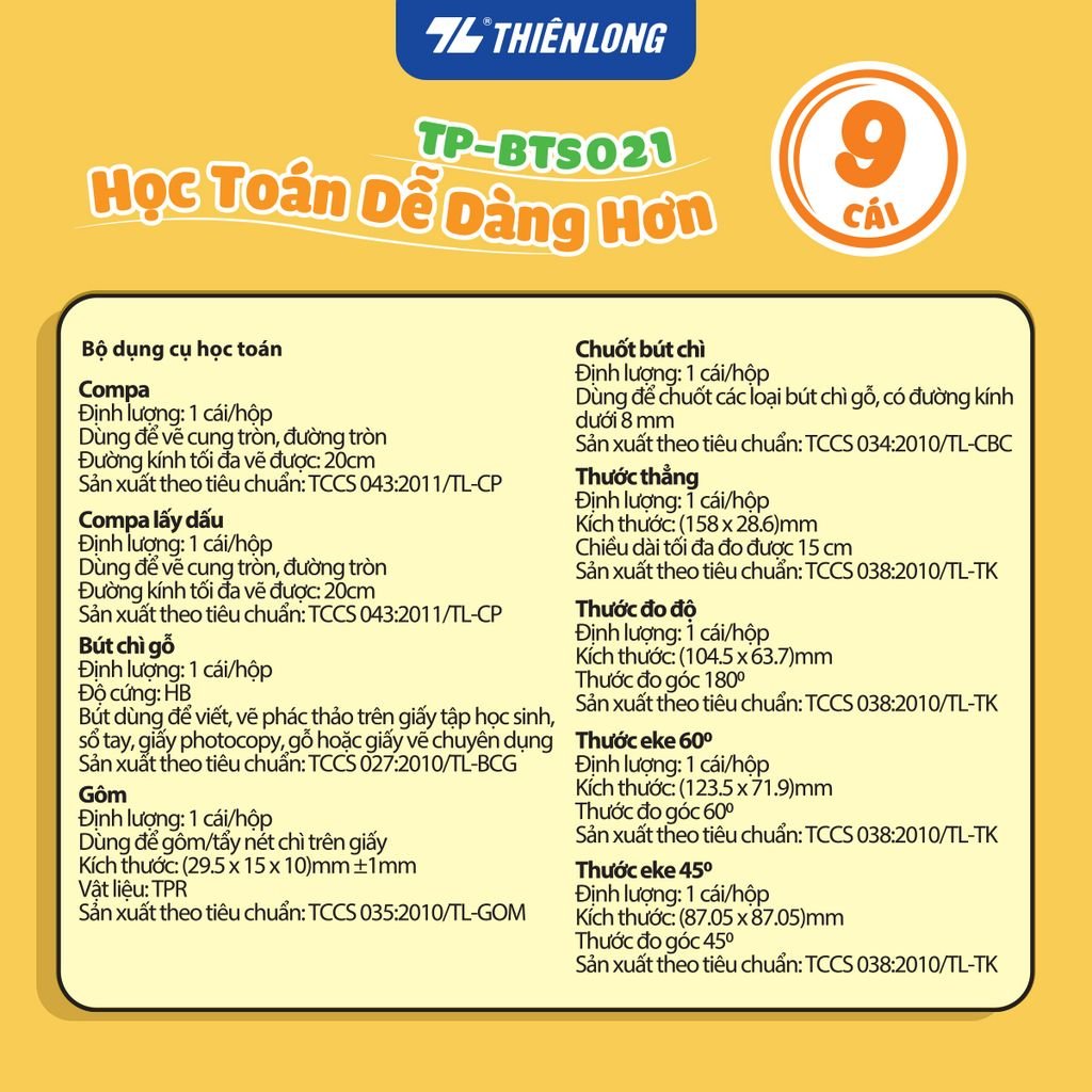 Bộ dụng cụ học Toán Thiên Long Mondee - 9 món - TP-BTS021