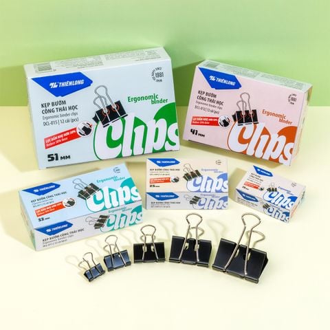 Hộp 12 kẹp bướm công thái học Thiên Long - Ergonomic Binder Clips - Lực bấm nhẹ hơn - Nhiều kích thước lựa chọn