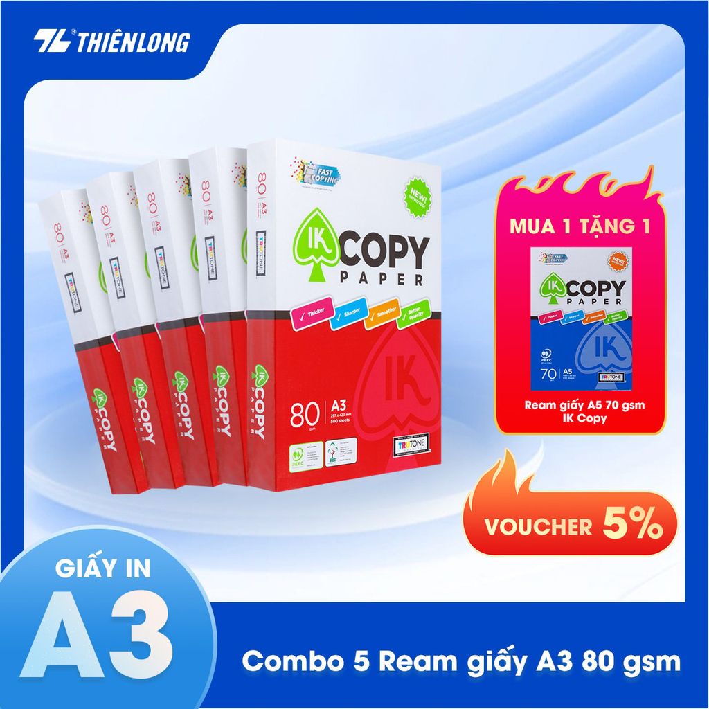 Combo 5 Ream giấy A3 80 gsm IK Copy (500 tờ) - Hàng nhập khẩu Indonesia