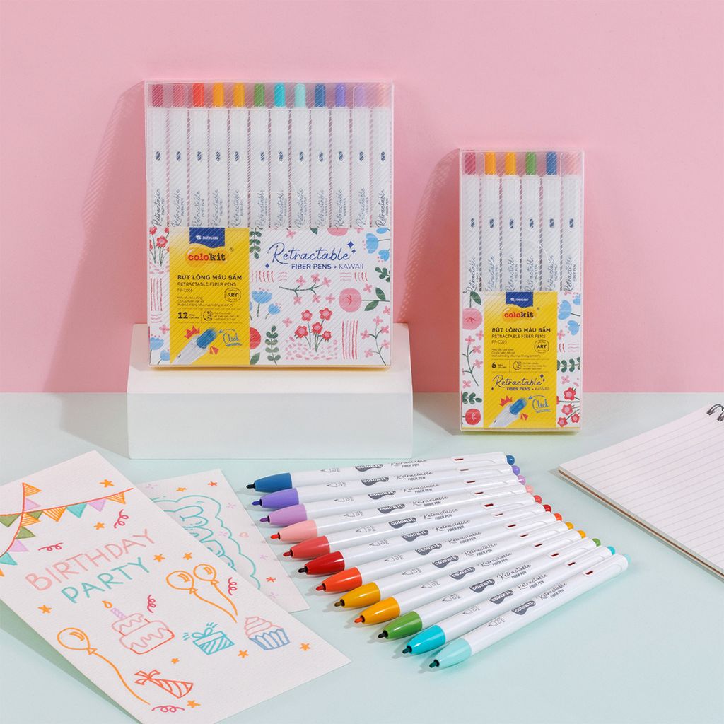 Bút lông 6/12 màu dạng bấm Retractable Fiber Pens Kawaii Thiên Long Colokit - 0.6mm