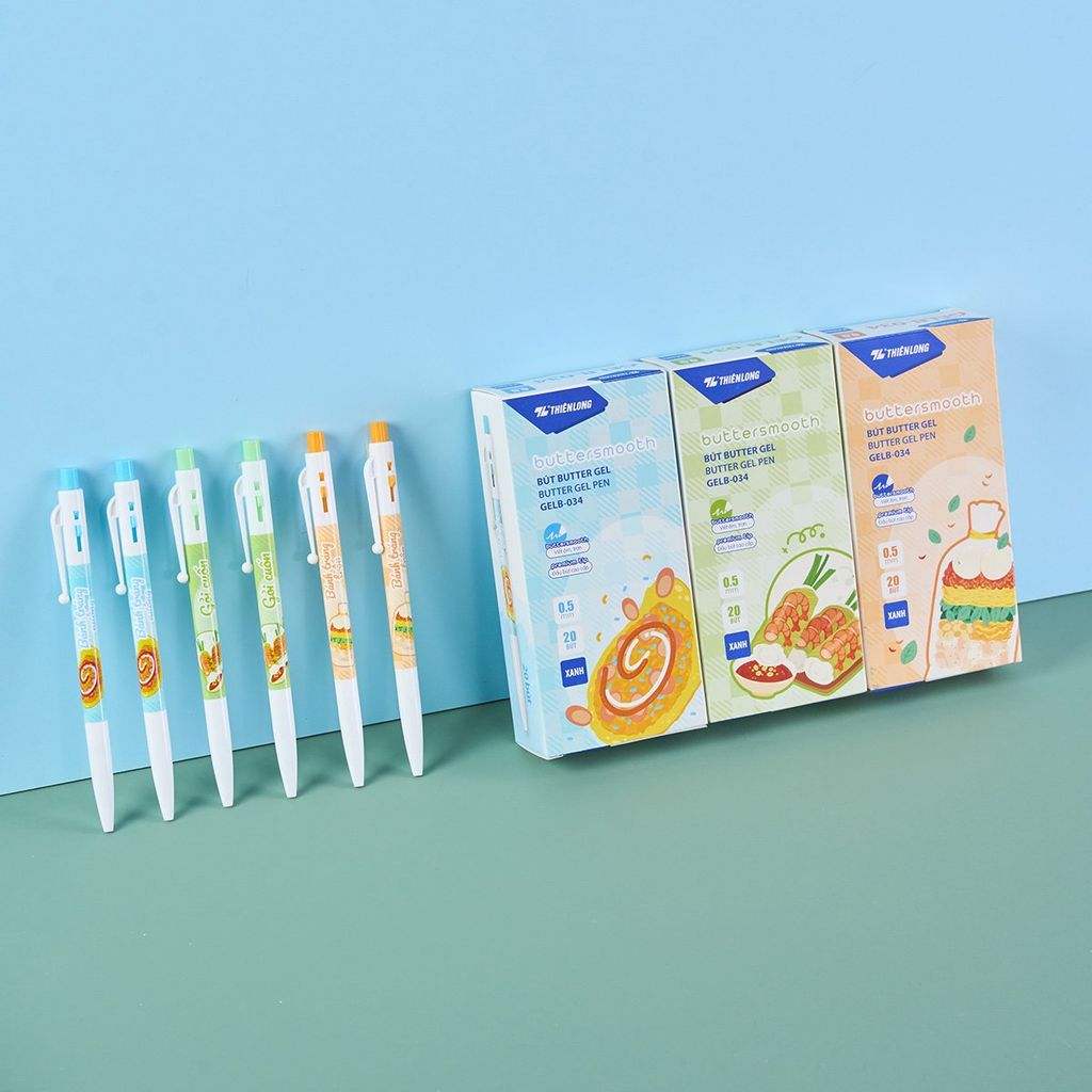 Bút gel B - Buttersmooth Gel Thiên Long GELB-034 - Premium Tip viết êm, trơn - Mực Xanh - Phiên bản Bánh tráng trộn, Bánh tráng nướng, Gỏi cuốn