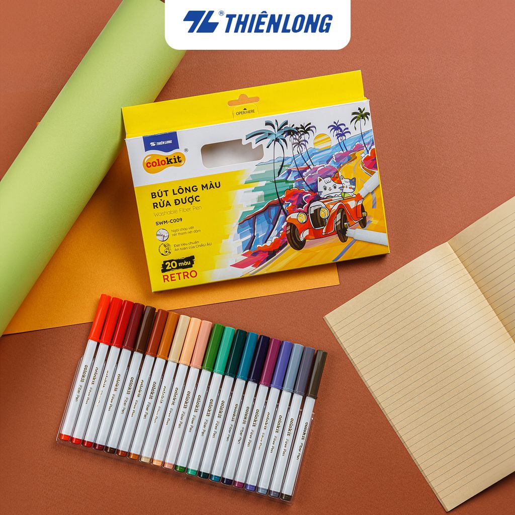 Bút lông 20 màu Pastel Fiber Pen Thiên Long Colokit SWM-C008 - Bút lông màu rửa được