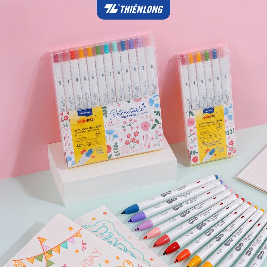 Bút lông 6/12 màu dạng bấm Retractable Fiber Pens Kawaii Thiên Long Colokit - 0.6mm