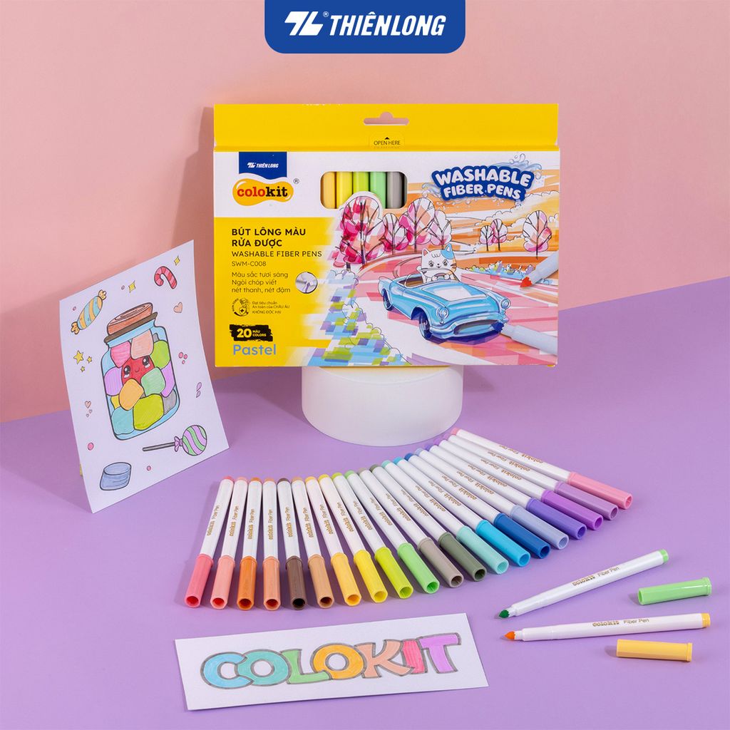 Bút lông 20 màu Pastel Fiber Pen Thiên Long Colokit SWM-C008 - Bút lông màu rửa được