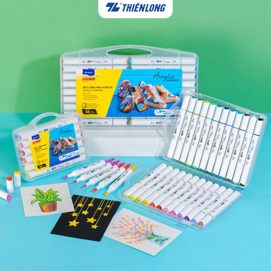 Acrylic Markers 2 đầu ngòi/Bút sơn/ Bút lông 12/24/36 màu ThiênLong Colokit - Màu sắc tươi sáng, Trang trí đa chất liệu