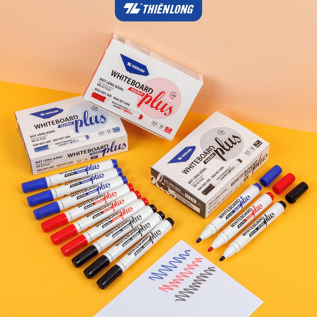 Combo 12 bút lông bảng - White Board Marker Thiên Long WB-03 Plus - Màu mực mới đậm nét hơn
