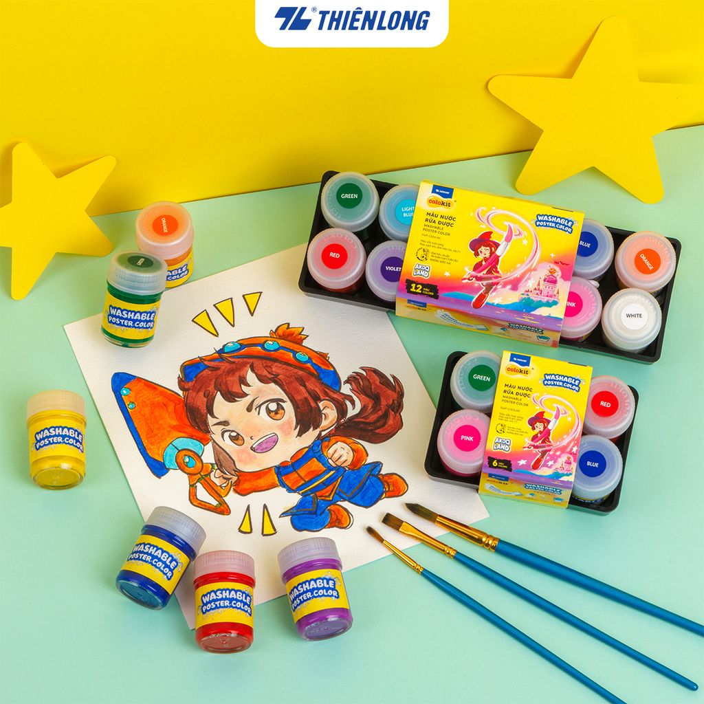 Hộp 6/12 màu nước rửa được - Washable Poster Color Thiên Long Colokit - Nhân vật Futy Akooland thế giới học cụ thần kỳ