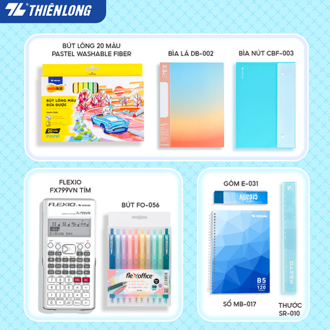 Combo Xanh pastel dịu mát 08 món - Bộ dụng cụ học tập gồm Máy tính cầm tay Hot trend, sổ, bút trang trí, gôm, thước