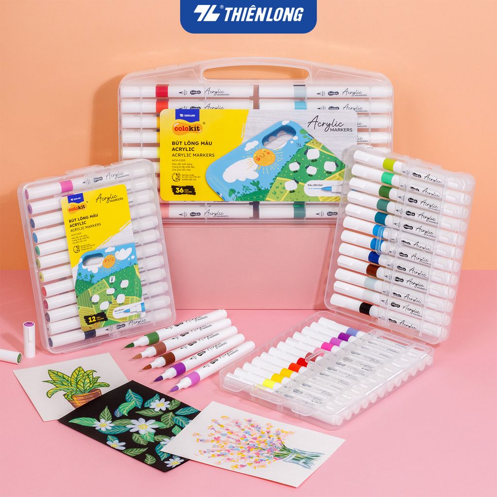 Acrylic Markers 1 đầu ngòi/ Bút sơn/ Bút lông 12/24/36 màu ThiênLong Colokit - Màu sắc tươi sáng, Trang trí đa chất liệu