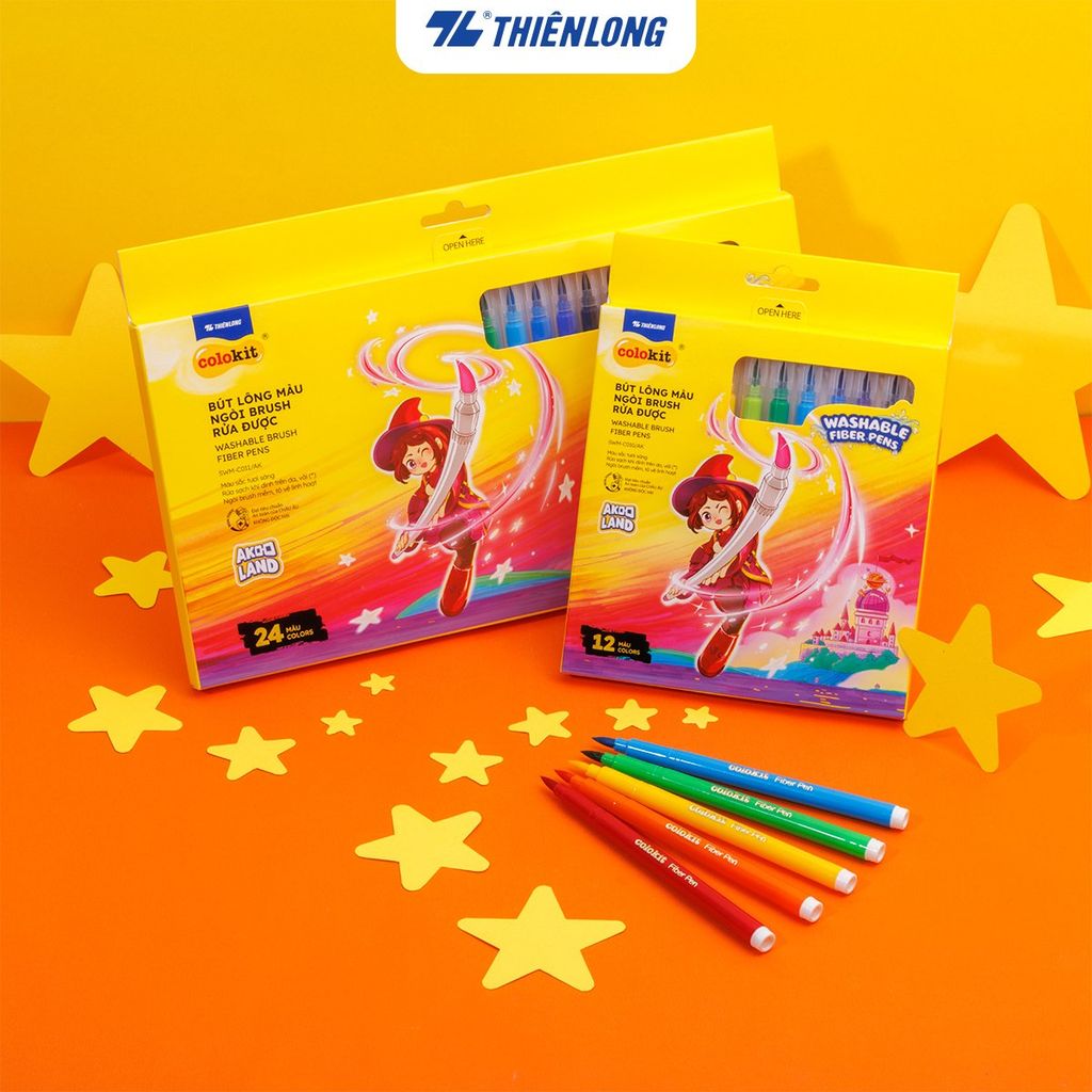 Hộp bút lông 12/ 24 màu rửa được - Washable Brush Fiber Pen Thiên Long Colokit - Nhân vật Futy Akooland thế giới học cụ thần kỳ