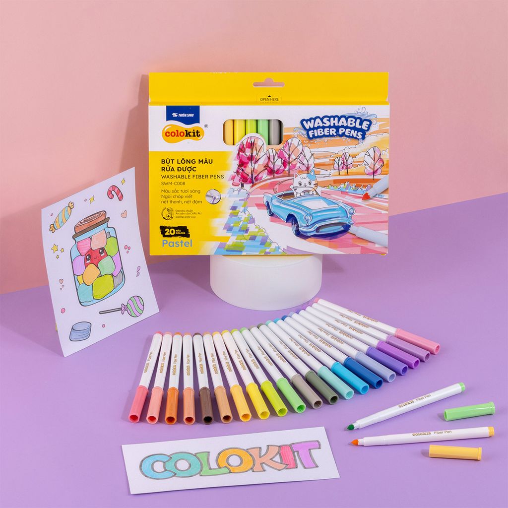 Bút lông 20 màu Pastel Fiber Pen Thiên Long Colokit SWM-C008 - Bút lông màu rửa được