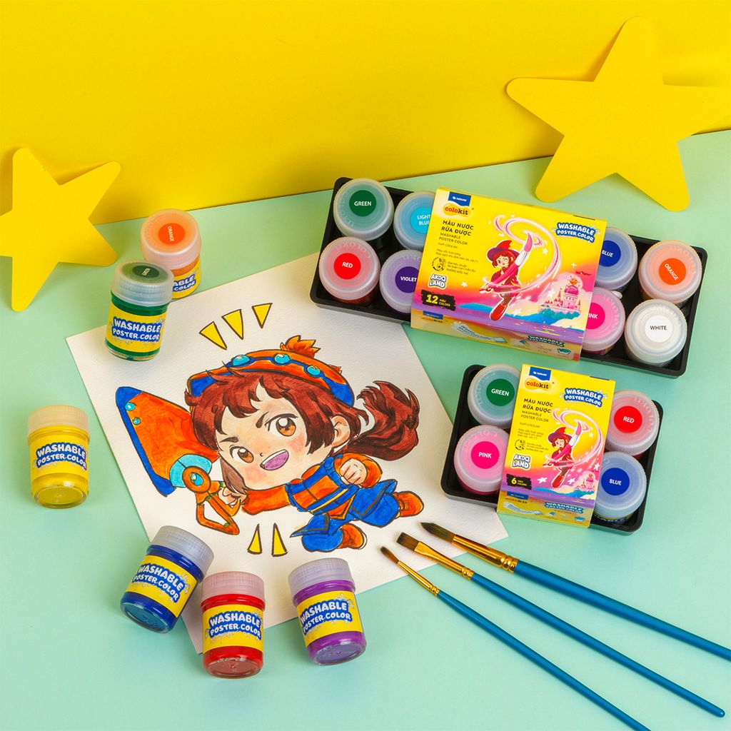 Hộp 6/12 màu nước rửa được - Washable Poster Color Thiên Long Colokit - Nhân vật Futy Akooland thế giới học cụ thần kỳ