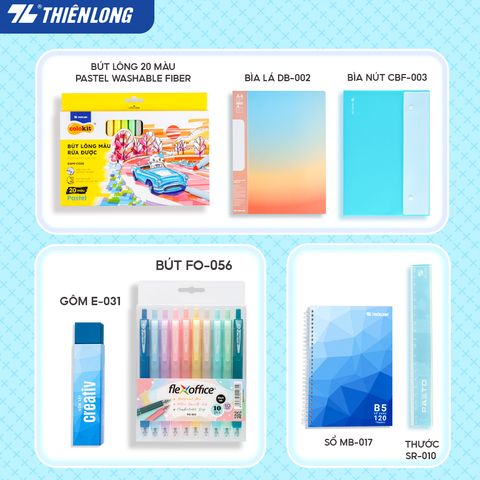 Combo Xanh pastel dịu mát 07 món - Bộ dụng cụ học tập tiết kiệm (Lưu trữ tài liệu, sổ, bút màu, bút trang trí)