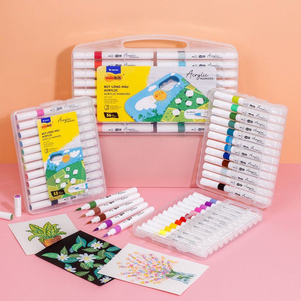 Acrylic Markers 1 đầu ngòi/ Bút sơn/ Bút lông 12/24/36 màu ThiênLong Colokit - Màu sắc tươi sáng, Trang trí đa chất liệu