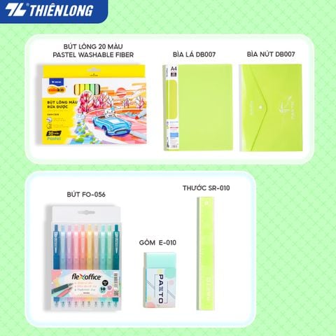 Combo Xanh lá tươi mát 06 món - Bộ dụng cụ học tập thể hiện cá tính (Lưu trữ tài liệu, sổ, bút màu, bút trang trí)