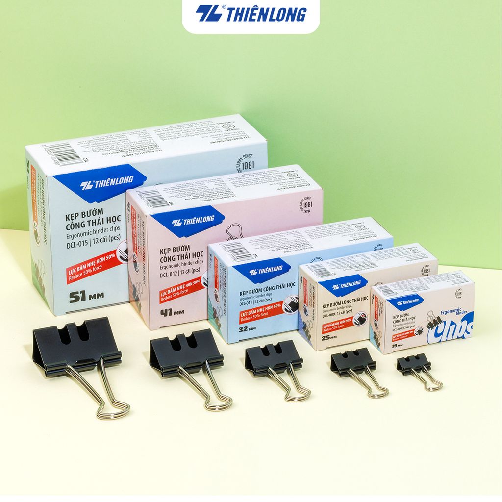 Hộp 12 kẹp bướm công thái học Thiên Long - Ergonomic Binder Clips - Lực bấm nhẹ hơn - Nhiều kích thước lựa chọn