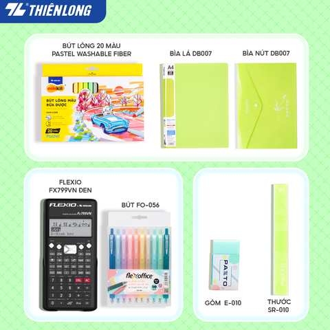 Combo Xanh lá tươi mát 08 món - Bộ dụng cụ học tập gồm Máy tính cầm tay Hot trend, sổ, bút trang trí, gôm, thước, bìa tài liệu