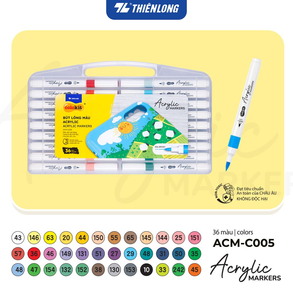 Acrylic Markers 1 đầu ngòi/ Bút sơn/ Bút lông 12/24/36 màu ThiênLong Colokit - Màu sắc tươi sáng, Trang trí đa chất liệu