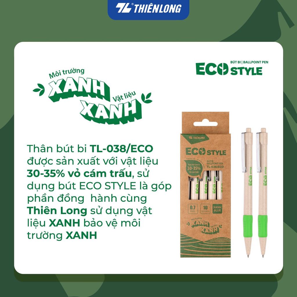 Bút bi Thiên Long ECO Style TL-038/ECO - Chất liệu từ vỏ cám trấu - Mực Xanh