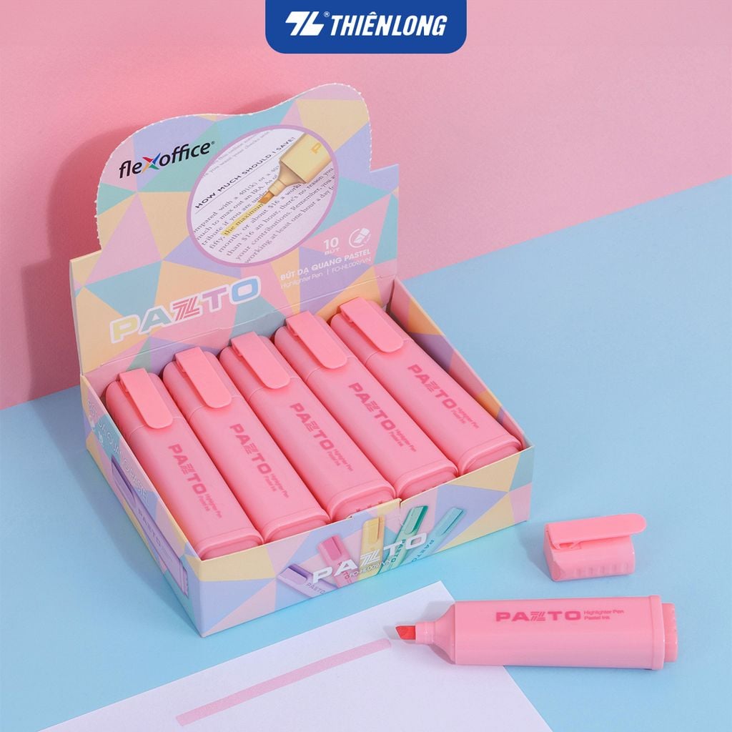 Combo 10 Bút dạ quang màu Pastel Thiên Long Flexoffice Pazto FO-HL009/VN - Bút dạ quang rửa được - Photocopy không làm mất nét chữ bên dưới