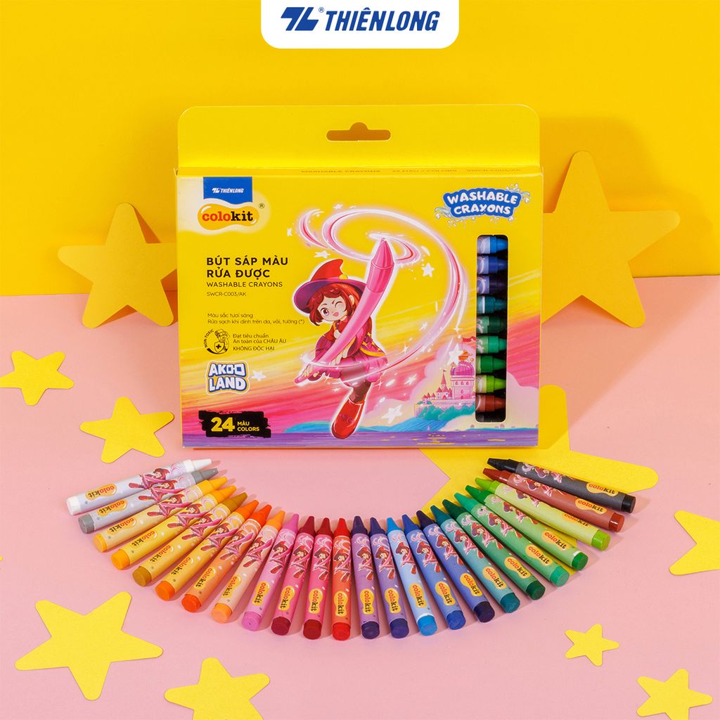 Sáp 12/18/24 màu rửa được - Washable Crayons Thiên Long Colokit - Nhân vật Futy Akooland thế giới học cụ thần kỳ