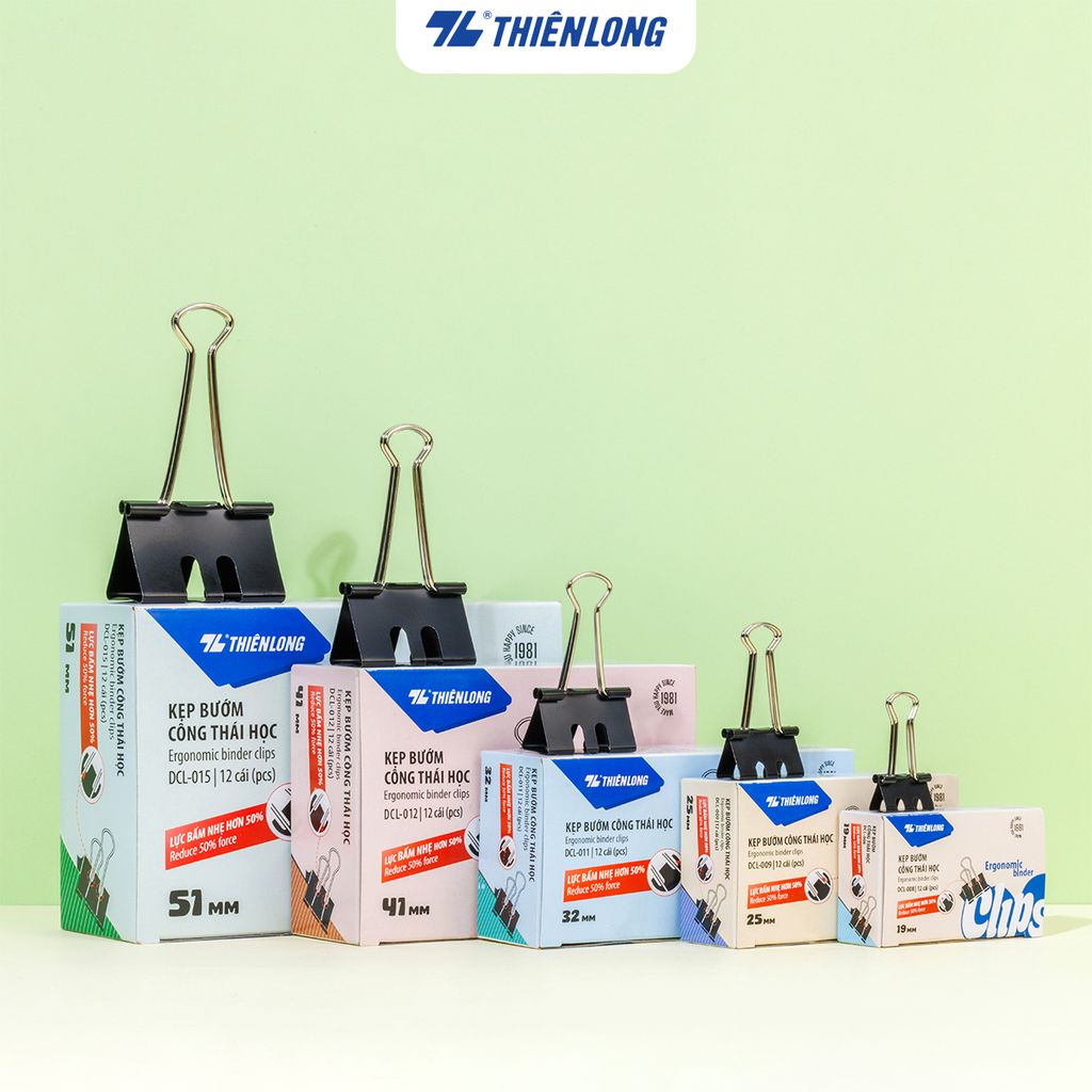 Hộp 12 kẹp bướm công thái học Thiên Long - Ergonomic Binder Clips - Lực bấm nhẹ hơn - Nhiều kích thước lựa chọn