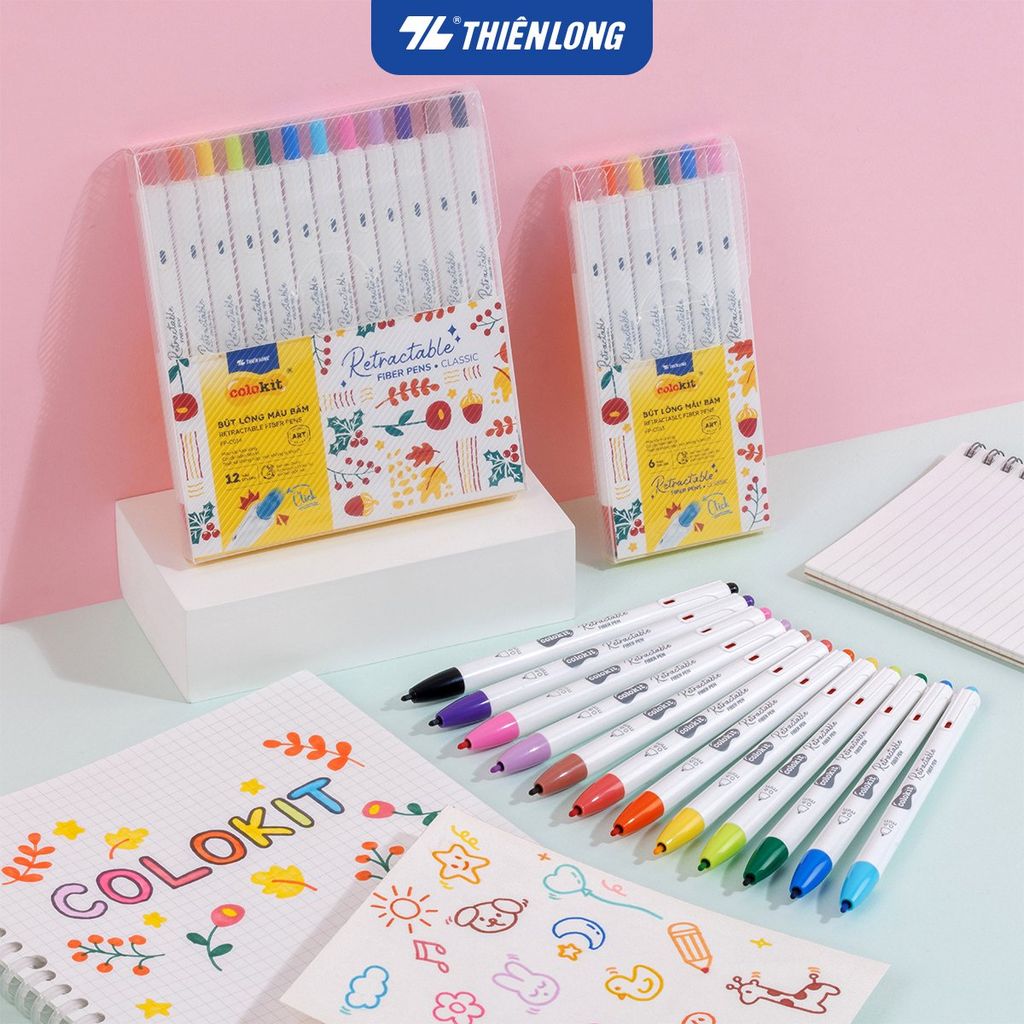 Bút lông 6/12 màu dạng bấm Retractable Fiber Pens Classic Thiên Long Colokit - 0.6mm
