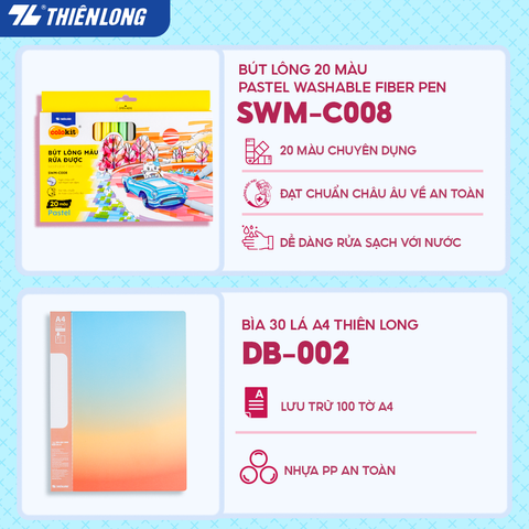 Combo Xanh pastel dịu mát 07 món - Bộ dụng cụ học tập tiết kiệm (Lưu trữ tài liệu, sổ, bút màu, bút trang trí)
