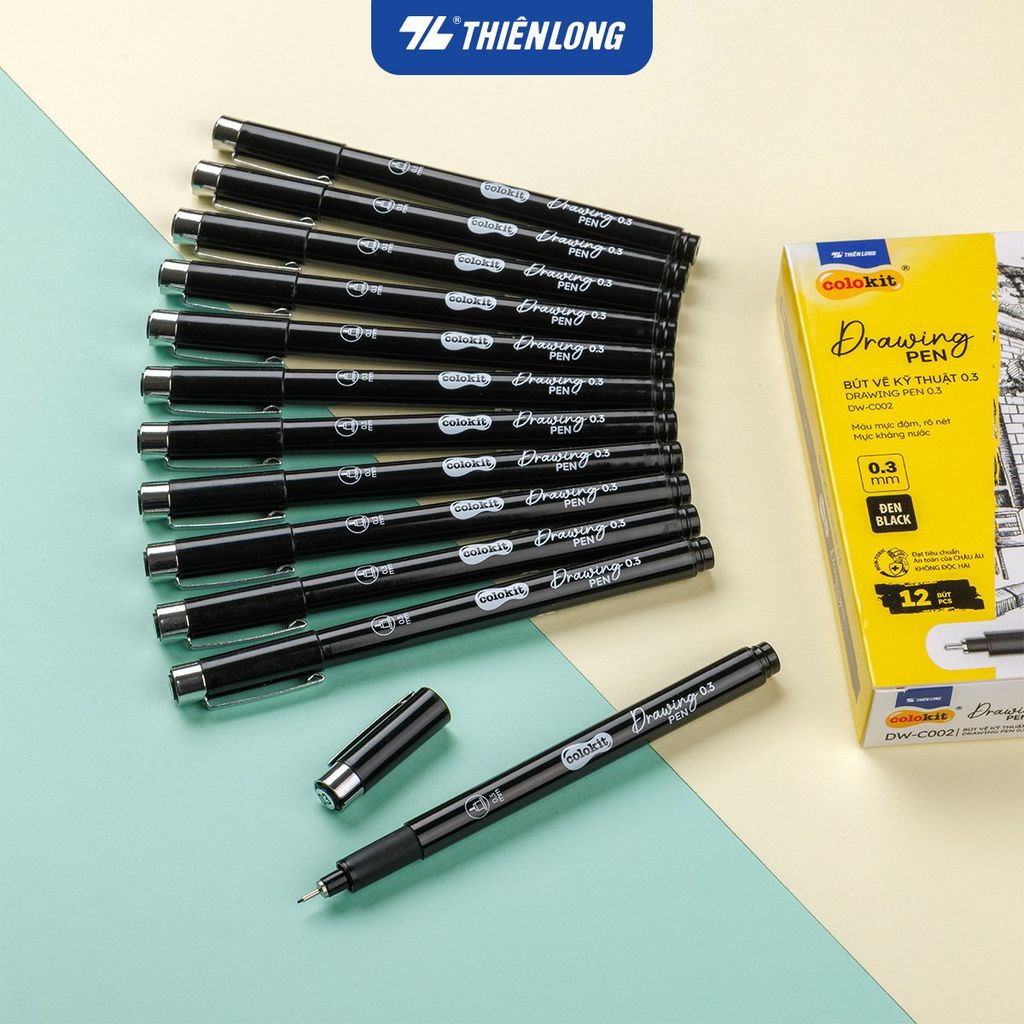Combo 12 Bút kim kỹ thuật - Drawing Pen Thiên Long Colokit - Mực kháng nước, đậm, rõ nét