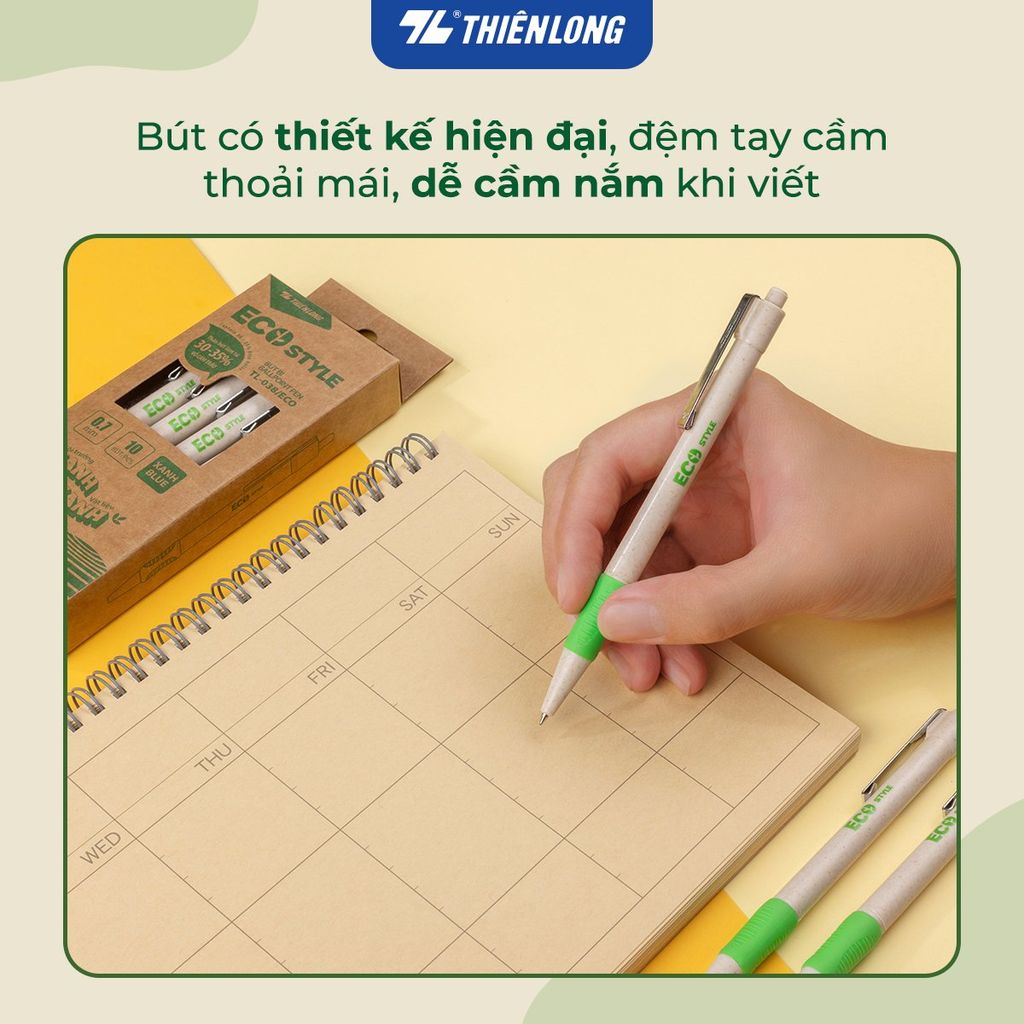 Combo 5/10/20 Bút bi Thiên Long ECO Style TL-038/ECO - Chất liệu từ vỏ cám trấu - Mực Xanh