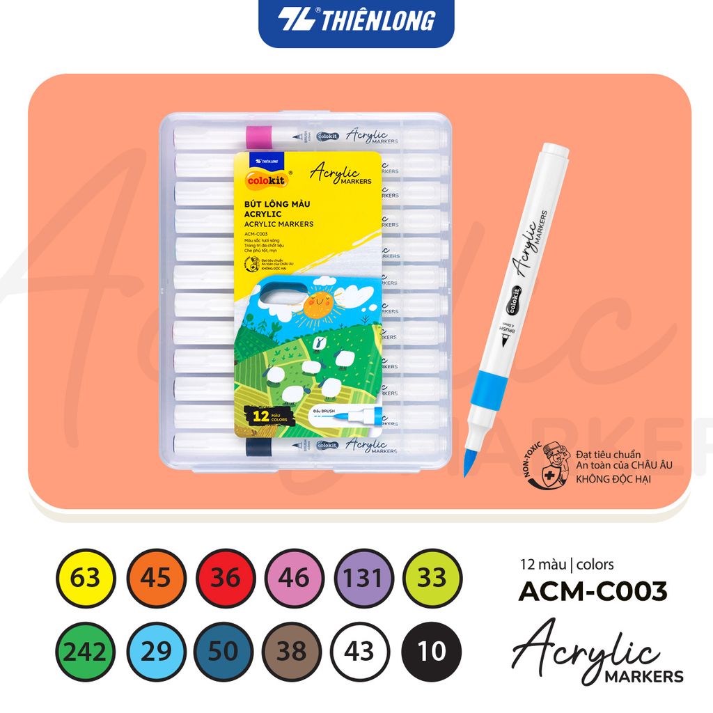 Acrylic Markers 1 đầu ngòi/ Bút sơn/ Bút lông 12/24/36 màu ThiênLong Colokit - Màu sắc tươi sáng, Trang trí đa chất liệu