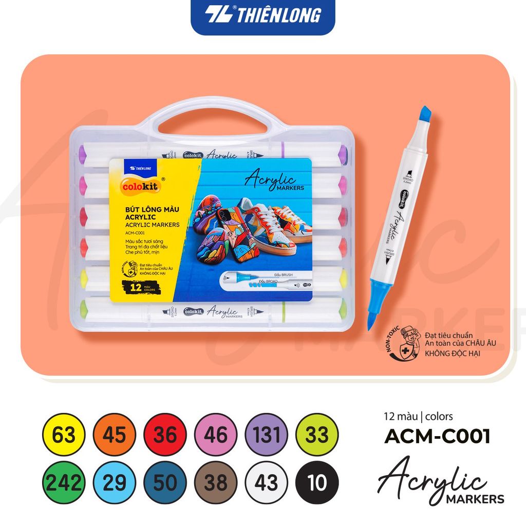 Acrylic Markers 2 đầu ngòi/Bút sơn/ Bút lông 12/24/36 màu ThiênLong Colokit - Màu sắc tươi sáng, Trang trí đa chất liệu