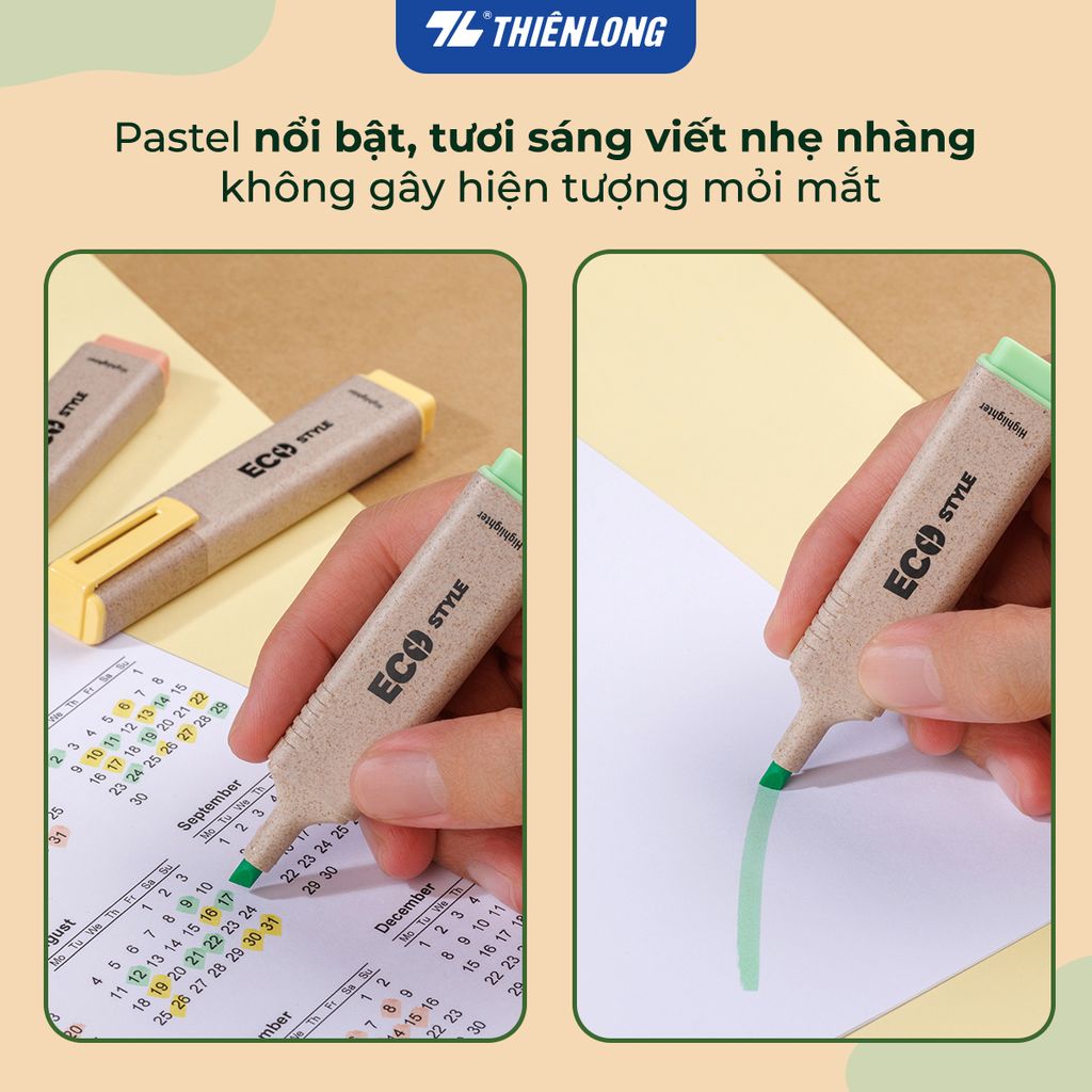 Combo 12 bút dạ quang màu pastel - Eco Style Highlighter Thiên Long HL-015/ECO - Photocopy không làm mất nét chữ bên dưới