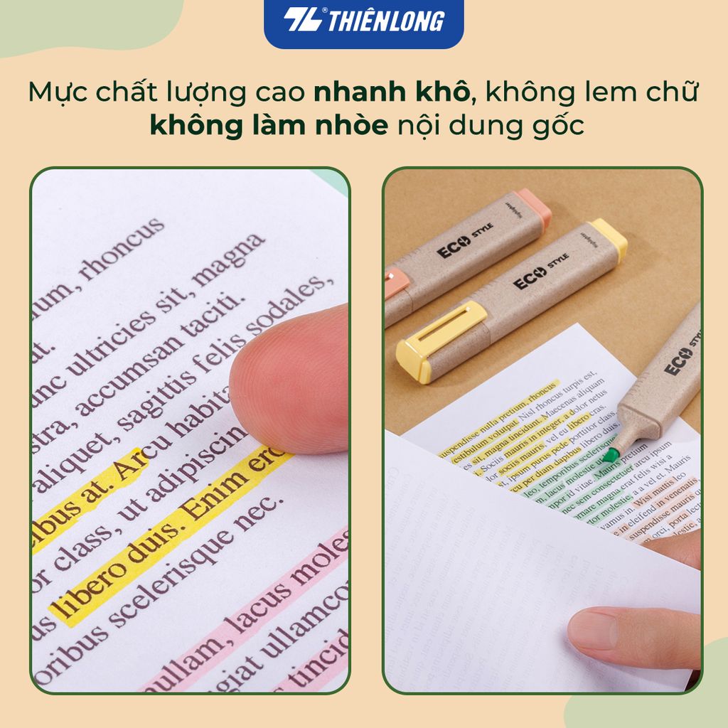 Combo 12 bút dạ quang màu pastel - Eco Style Highlighter Thiên Long HL-015/ECO - Photocopy không làm mất nét chữ bên dưới