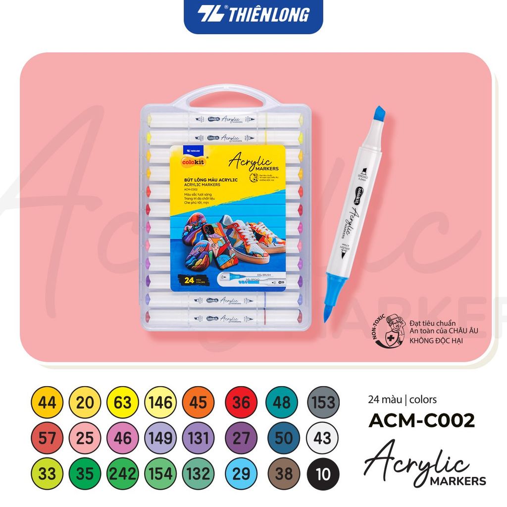 Acrylic Markers 2 đầu ngòi/Bút sơn/ Bút lông 12/24/36 màu ThiênLong Colokit - Màu sắc tươi sáng, Trang trí đa chất liệu