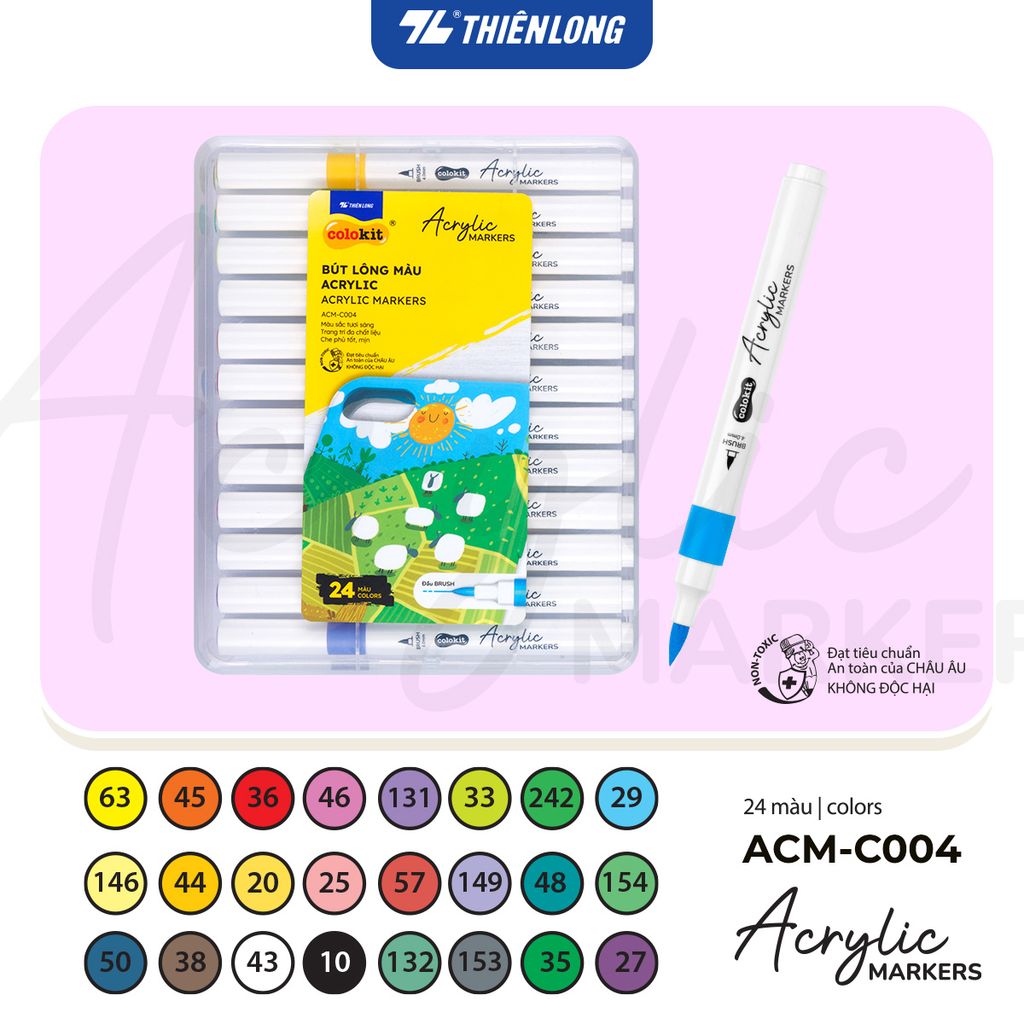 Acrylic Markers 1 đầu ngòi/ Bút sơn/ Bút lông 12/24/36 màu ThiênLong Colokit - Màu sắc tươi sáng, Trang trí đa chất liệu