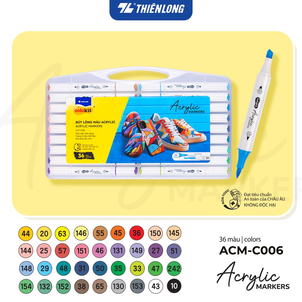 Acrylic Markers 2 đầu ngòi/Bút sơn/ Bút lông 12/24/36 màu ThiênLong Colokit - Màu sắc tươi sáng, Trang trí đa chất liệu