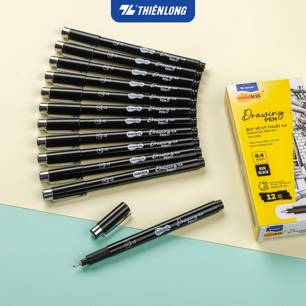 Combo 12 Bút kim kỹ thuật - Drawing Pen Thiên Long Colokit - Mực kháng nước, đậm, rõ nét