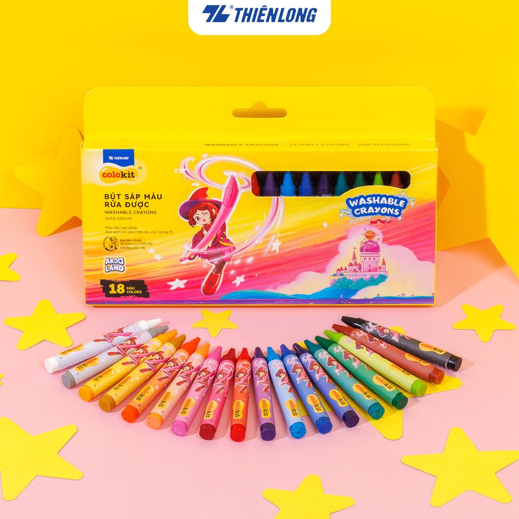 Sáp 12/18/24 màu rửa được - Washable Crayons Thiên Long Colokit - Nhân vật Futy Akooland thế giới học cụ thần kỳ